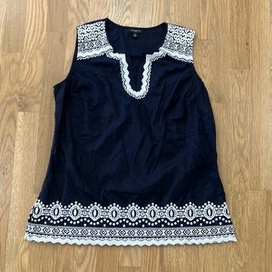 Talbots Women’s Petite Navy White Embroidered Cotton Tank Top Sleeveless Shirt